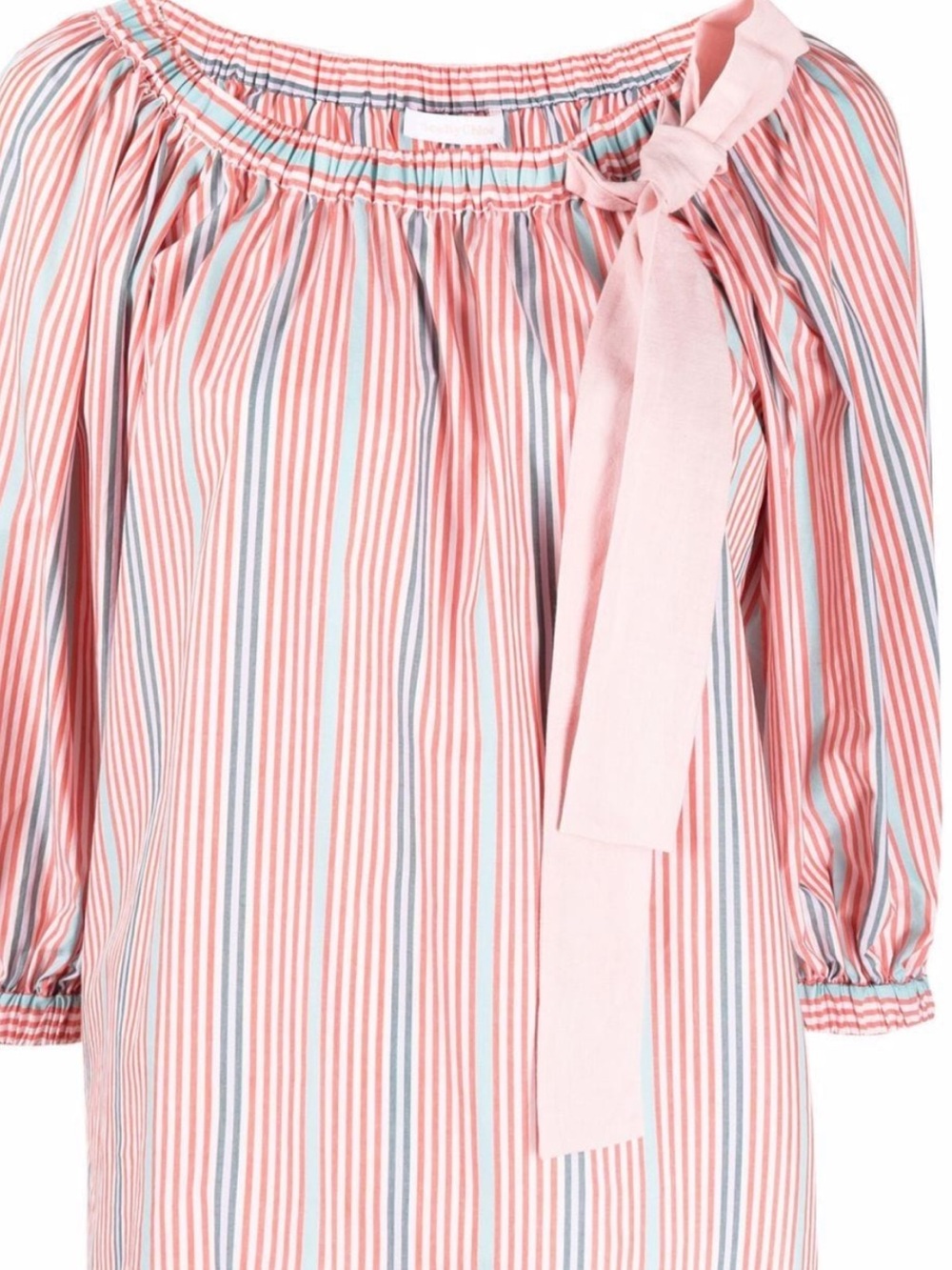 See by Chloe Striped MulticoloredPeasant Blouse with Tie Neck Sz 36